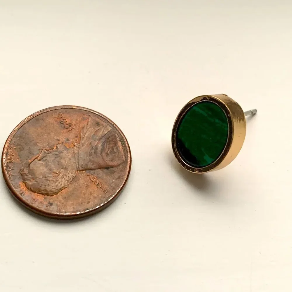 Men’s Green Faux Malachite Stud Earrings – Gold Tone Oval Stone Bezel Setting